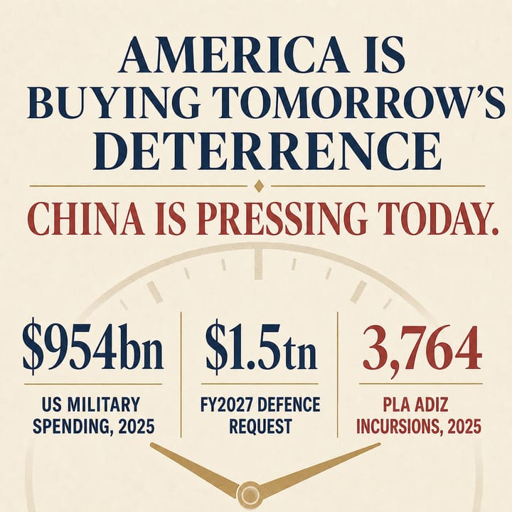 Editorial clock graphic reading “America is buying tomorrow’s deterrence; China is pressing today”